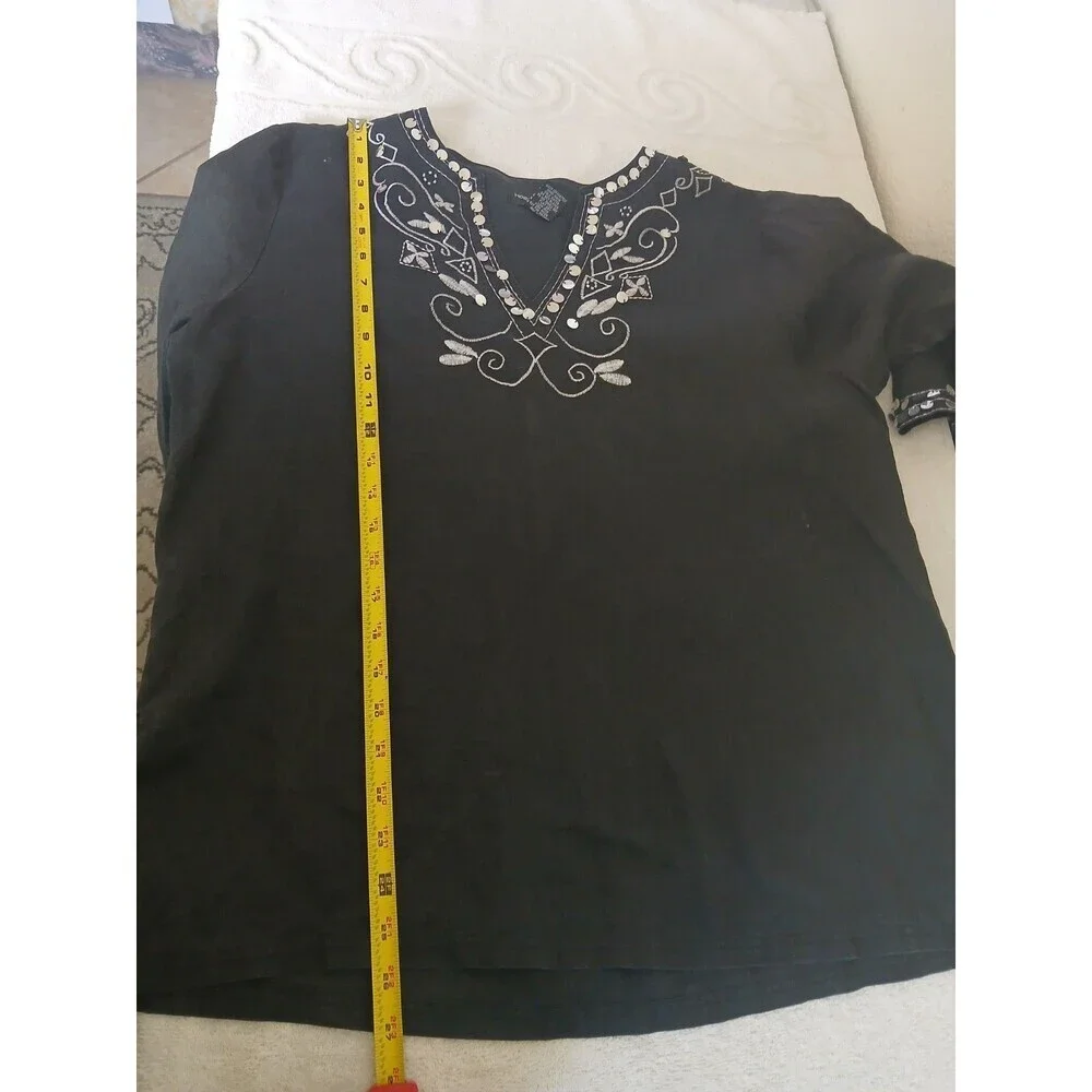 Morgan Cole Womens Blouse Tunic Black Embroidery‎ Sequin V-neck Size XL